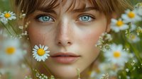 Young woman with striking blue eyes and freckles surrounded by blooming chamomile daisies in spring garden, natural beauty portrait with soft dreamy atmosphere.