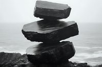 Balanced dark stones stacked precariously on coastal cliff edge against misty ocean background in dramatic black and white composition creating zen atmosphere.