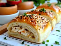 Flaky layered pastry roll filled with shredded chicken and herbs, topped with golden sesame seeds and black pepper, garnished with fresh chopped parsley.