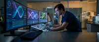 Young male data analyst working with multiple monitors displaying colorful charts and graphs in modern office environment at night.