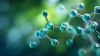 Molecular structure with turquoise glass spheres connected by silver rods on blurred green background. Scientific visualization of chemical compound or DNA model.