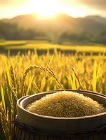 Raw rice grains in black bowl against golden rice paddy field at sunset, mountains in background, warm sunlight illuminating agricultural landscape.