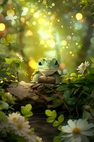 Magical forest scene with green frog sitting on log surrounded by glowing bokeh lights, white daisies and lush foliage in enchanted garden setting.
