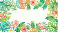 Tropical summer frame with palm leaves, hibiscus flowers, pineapples and flamingos on white background for vacation designs and exotic decorations.