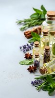 Essential oils in glass bottles with cork stoppers surrounded by fresh herbs, spices and lavender flowers on white background for aromatherapy and wellness.