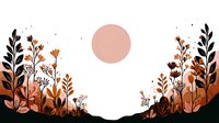 Silhouette of autumn meadow plants and flowers against sunset sky with large pink sun, creating a serene nature landscape.