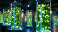 Glowing green liquid in glass cylinders creates futuristic laboratory atmosphere with bokeh lights. Scientific research concept showing biotechnology experiment.
