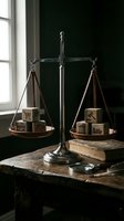 Vintage brass balance scale with wooden blocks featuring business icons on rustic table by window for legal and commercial concept applications.