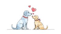 Two adorable dogs sitting together with floating hearts above them, expressing love and friendship in cute cartoon style on white background.