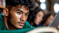 Young Hispanic male student with curly hair focused on studying in library setting, wearing green sweater against blurred background of other students.