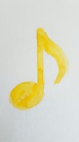 Bright yellow watercolor musical note symbol isolated on white background, suitable for music education, design projects, and creative compositions.