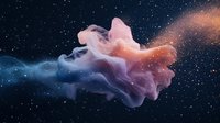 Ethereal cosmic cloud formation with pink and blue smoke swirling against starry space background, creating mystical nebula effect with orange light glow.