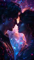 Silhouettes of romantic couple against cosmic background with glowing stars and nebula effects in pink and blue colors, creating dreamy atmospheric scene.