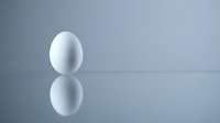 White egg standing upright on reflective surface with mirror reflection against neutral gray background for minimalist design concepts.