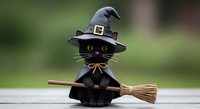 Cute black cat wearing witch hat and holding broomstick, isolated on blurred background. Perfect for Halloween designs, greeting cards, and seasonal marketing materials.