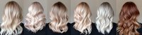 Diverse hairstyles collection showing blonde, platinum, and auburn wavy hair on women from behind, perfect for salon advertising.