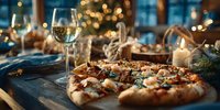 Gourmet pizza with nuts and cheese on wooden board beside white wine glass in cozy restaurant setting with warm bokeh lights for dining concepts.
