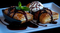 Flaky pastries filled with cream, topped with chocolate sauce and vanilla ice cream, garnished with fresh mint leaves on white plate. Elegant dessert presentation.