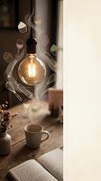 Vintage Edison bulb with floating culinary icons including cupcakes wine glasses and kitchen utensils creating magical cooking atmosphere in cozy interior.