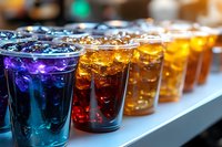 Row of colorful soft drinks with ice in glasses, featuring purple, red, and golden beverages on white surface for beverage, refreshment, and drink selection concepts.