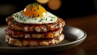 Stack of golden pancakes topped with sunny side up egg and fresh herbs on dark plate, dramatic lighting creates appetizing breakfast scene with bokeh background.