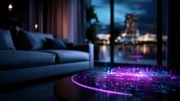 Futuristic holographic city projection with purple neon glow emerging from coffee table in modern luxury apartment with night cityscape view through panoramic windows.