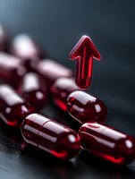 Red transparent capsules with glowing upward arrow symbolizing rising health trends and medical advancement on dark background.