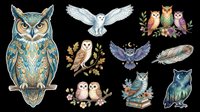 Owl clipart set with various styles, isolated on transparent background, ready for stickers, t-shirt design, print on demand, sublimation, and digital crafts.