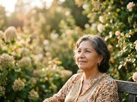 Senior woman with gray hair and Asian ethnicity sitting on wooden bench in blooming garden, wearing patterned cardigan, enjoying peaceful outdoor moment surrounded by flowering plants and natural sunlight.