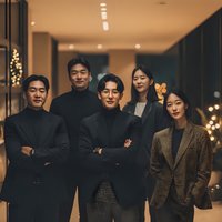 Confident Asian business team of five professionals in elegant attire standing together in modern office lobby with warm ambient lighting.