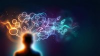 Human silhouette with glowing brain and digital icons representing artificial intelligence, machine learning, and innovation concepts for technology design.
