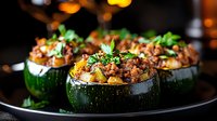 Stuffed round zucchini with minced meat, vegetables and herbs served on dark plate. Moody restaurant lighting creates appetizing atmosphere.