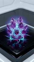 Purple amethyst crystals with electric blue lightning energy effects on futuristic platform for fantasy gaming and digital art projects.