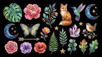 Watercolor botanical and wildlife elements including monstera leaf, peonies, roses, fox, hummingbird, crescent moon, butterfly, ferns, and birds isolated on transparent background. Ready for t-shirt design, clipart, stickers, and print-on-demand projects.