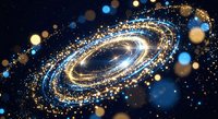 Luminous spiral galaxy with golden particles and glowing bokeh lights on dark cosmic background. Digital space art for astronomy and science concepts.