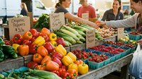 Young female vendor with blonde hair arranging fresh organic produce at farmers market stand, selling colorful bell peppers, cucumbers, berries and vegetables to diverse customers in casual setting.
