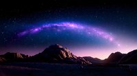 Majestic mountain landscape under vibrant purple and blue Milky Way arch, starry night sky creates dramatic cosmic scenery with rocky peaks silhouetted against space.