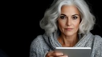 Mature woman with silver hair using tablet computer in cozy gray sweater against dark background for technology and lifestyle content.