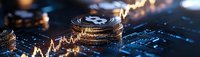 Stack of golden Bitcoin cryptocurrency coins on circuit board with glowing price chart, digital finance concept for blockchain technology and trading.