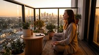 Young woman meditating in modern apartment with city skyline view during golden hour sunset, practicing mindfulness and wellness in urban living space.