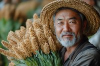 Senior Asian farmer holding fresh harvested millet grain stalks, wearing straw hat and gray shirt, smiling with white beard against blurred background.