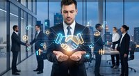 Young Caucasian businessman in suit holding glowing digital handshake hologram in modern office with team meeting in background representing partnership and collaboration.