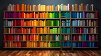 Colorful bookshelf with rainbow-organized books from red to blue creating vibrant library wall display on wooden floor for education and reading concepts.