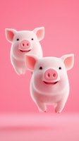 Smiling white piglets on pink background, cute cartoon characters with friendly expressions. Digital art style rendering for children's books and greeting cards.
