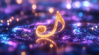 Glowing golden musical note floating on magical sparkly surface with purple and blue bokeh lights creating dreamy atmospheric background for music themes.