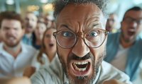 Middle-aged man with glasses shouting in extreme close-up with angry crowd behind him, capturing intense emotion and protest atmosphere.
