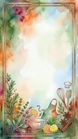 Watercolor cooking frame with culinary herbs, spices, kitchen utensils, and citrus slices on soft pastel background. Ornate border design with floral elements. Isolated on white space for recipe cards, menus, food blogs.