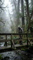 Hiker in casual attire standing on wooden bridge over stream in misty forest with tall trees and moss-covered vegetation, suitable for travel and outdoor adventure content.