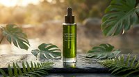 Green serum bottle with dropper surrounded by tropical leaves on wooden surface with warm sunlight for skincare and beauty product marketing.
