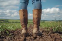 Muddy rubber boots on farmer standing in freshly plowed soil against rural landscape background with green fields and cloudy sky. Agricultural lifestyle concept.